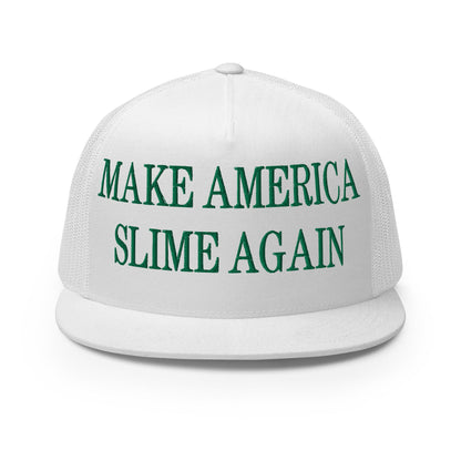 Make America Slime Again Embroidered Flat Bill Brim Trucker Hat White