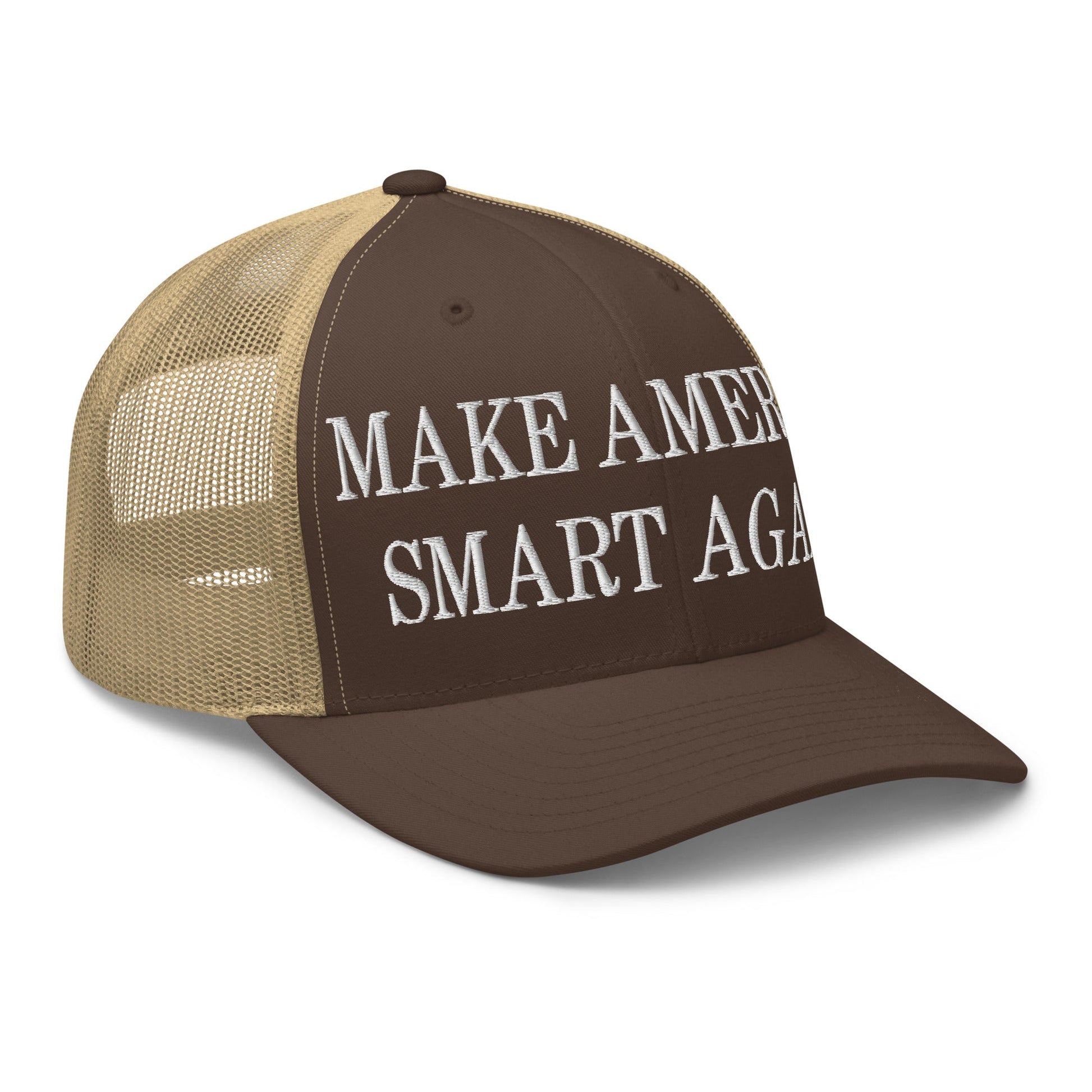 Make America Smart Again Embroidered Mesh Trucker Hat Brown Khaki