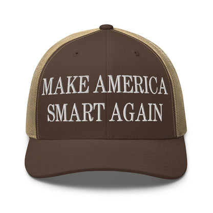 Make America Smart Again Embroidered Mesh Trucker Hat Brown Khaki