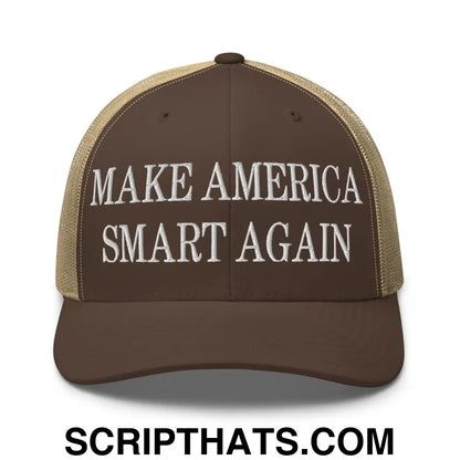 Make America Smart Again Embroidered Mesh Trucker Hat Brown Khaki