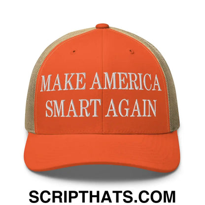 Make America Smart Again Embroidered Mesh Trucker Hat Rustic Orange Khaki