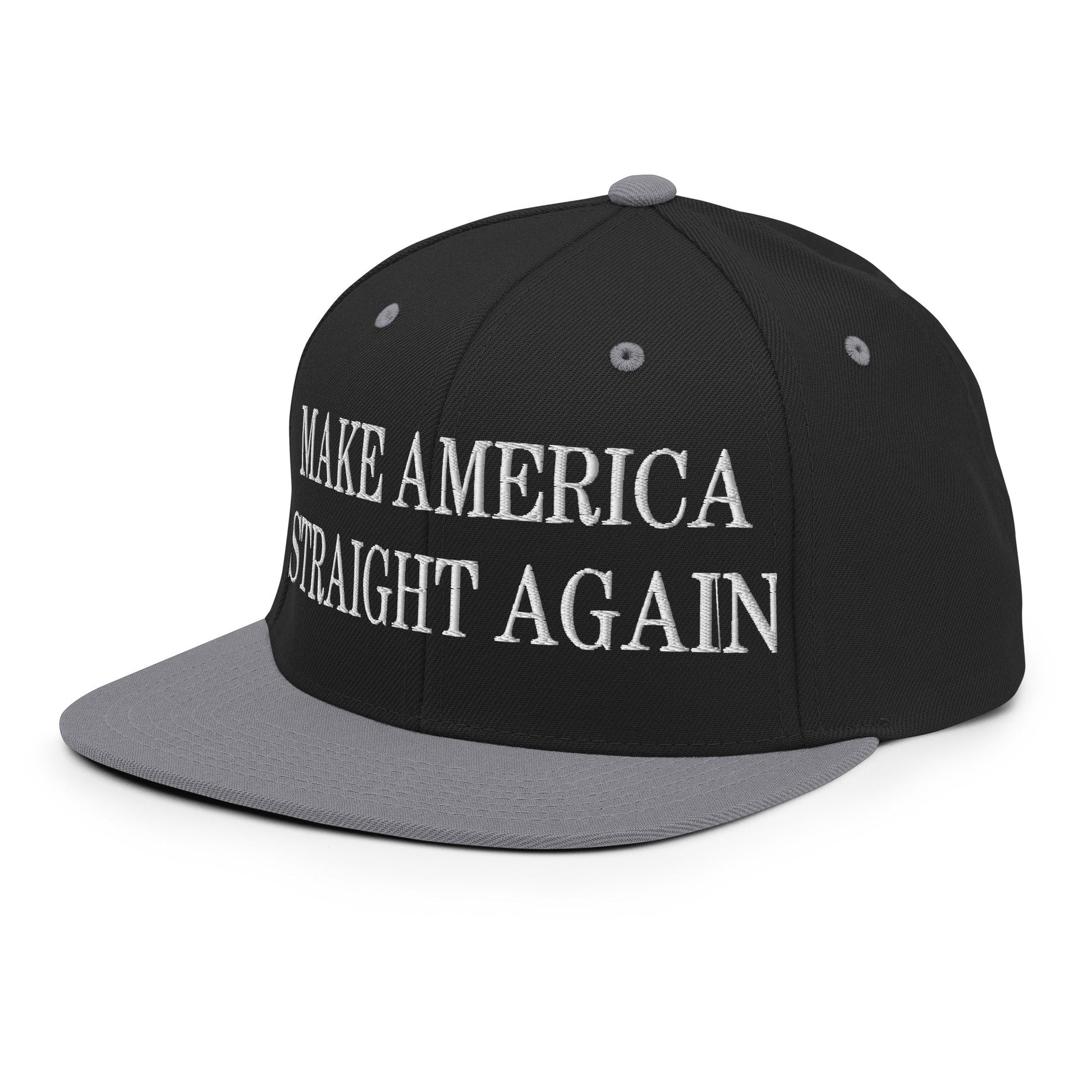 Make America Straight Again Embroidered Flat Bill Brim Snapback Hat Black Silver