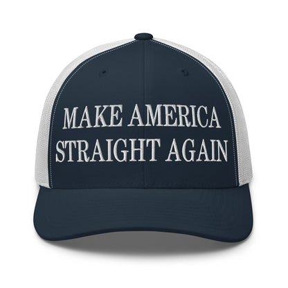 Make America Straight Again Embroidered Mesh Trucker Hat Navy White