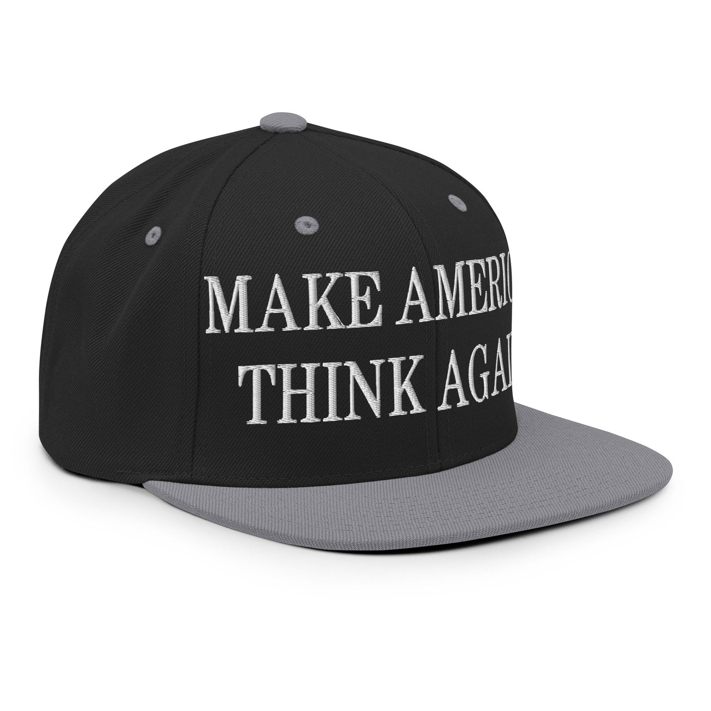 Make America Think Again Embroidered Flat Bill Brim Snapback Hat Black Silver