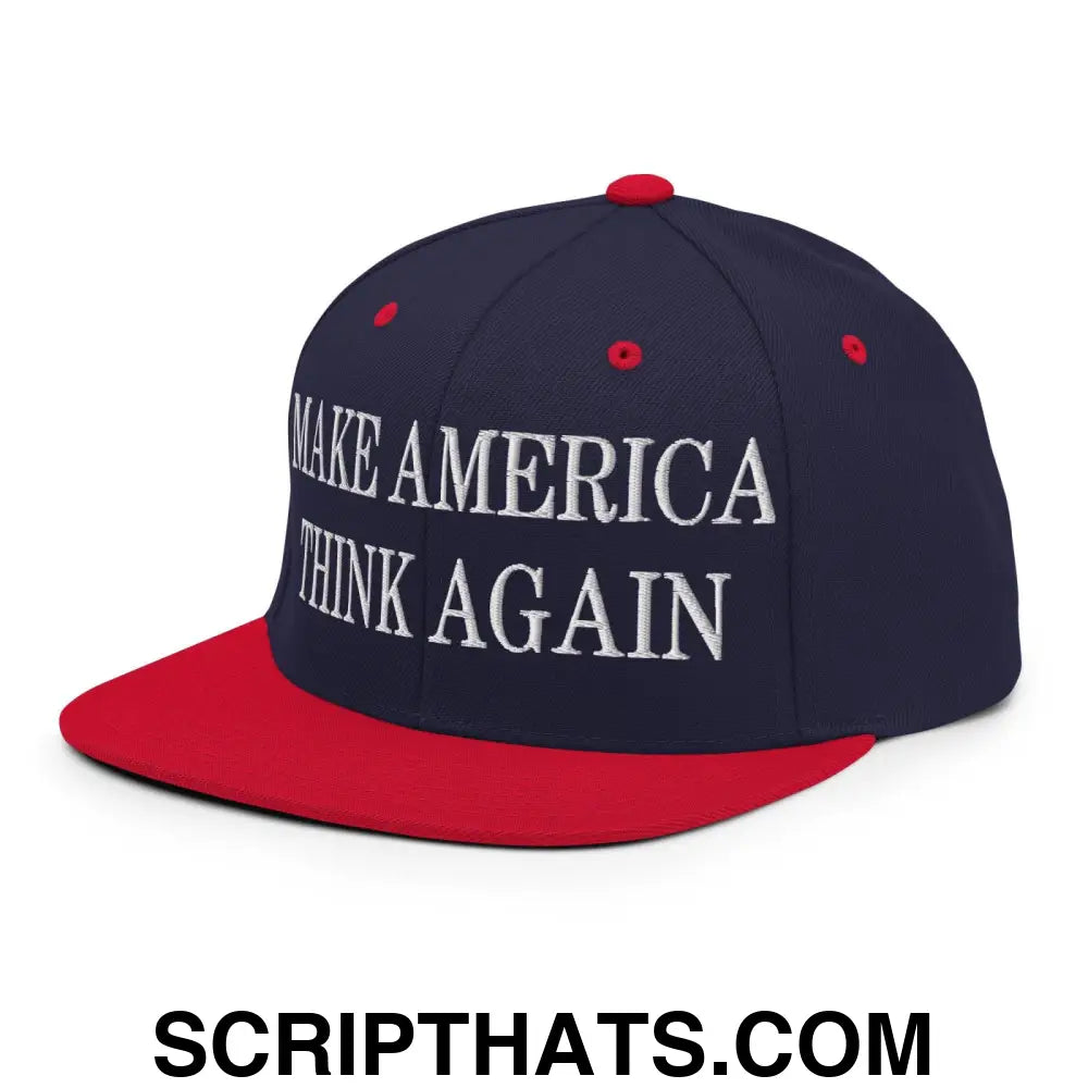 Make America Think Again Embroidered Flat Bill Brim Snapback Hat Navy Red