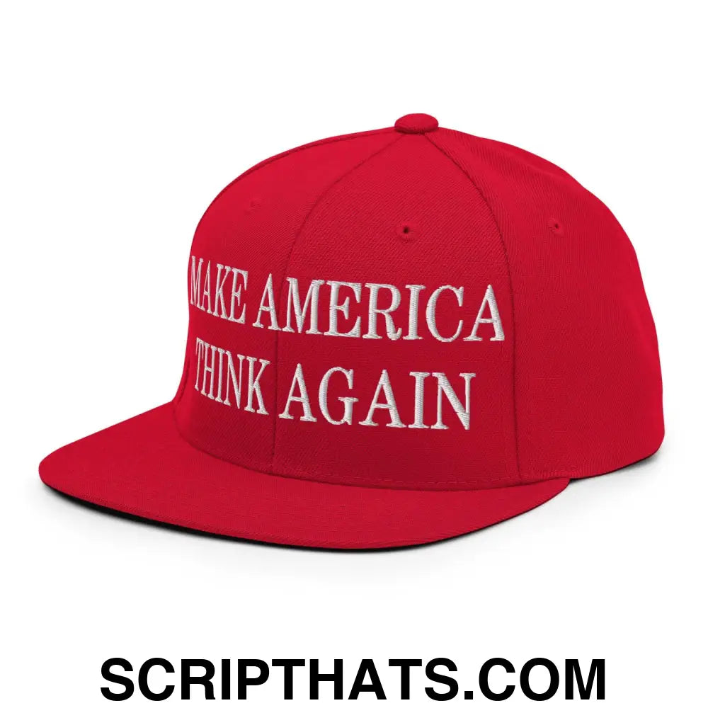 Make America Think Again Embroidered Flat Bill Brim Snapback Hat Red