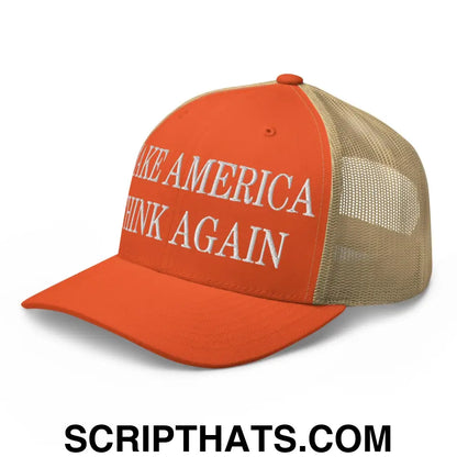 Make America Think Again Embroidered Mesh Trucker Hat Rustic Orange Khaki