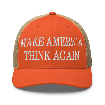 Make America Think Again Embroidered Mesh Trucker Hat Rustic Orange Khaki