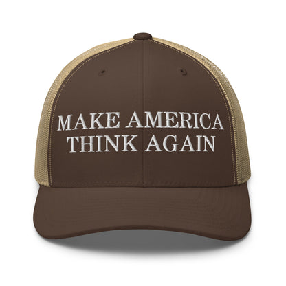 Make America Think Again Retro Trucker Hat Brown Khaki