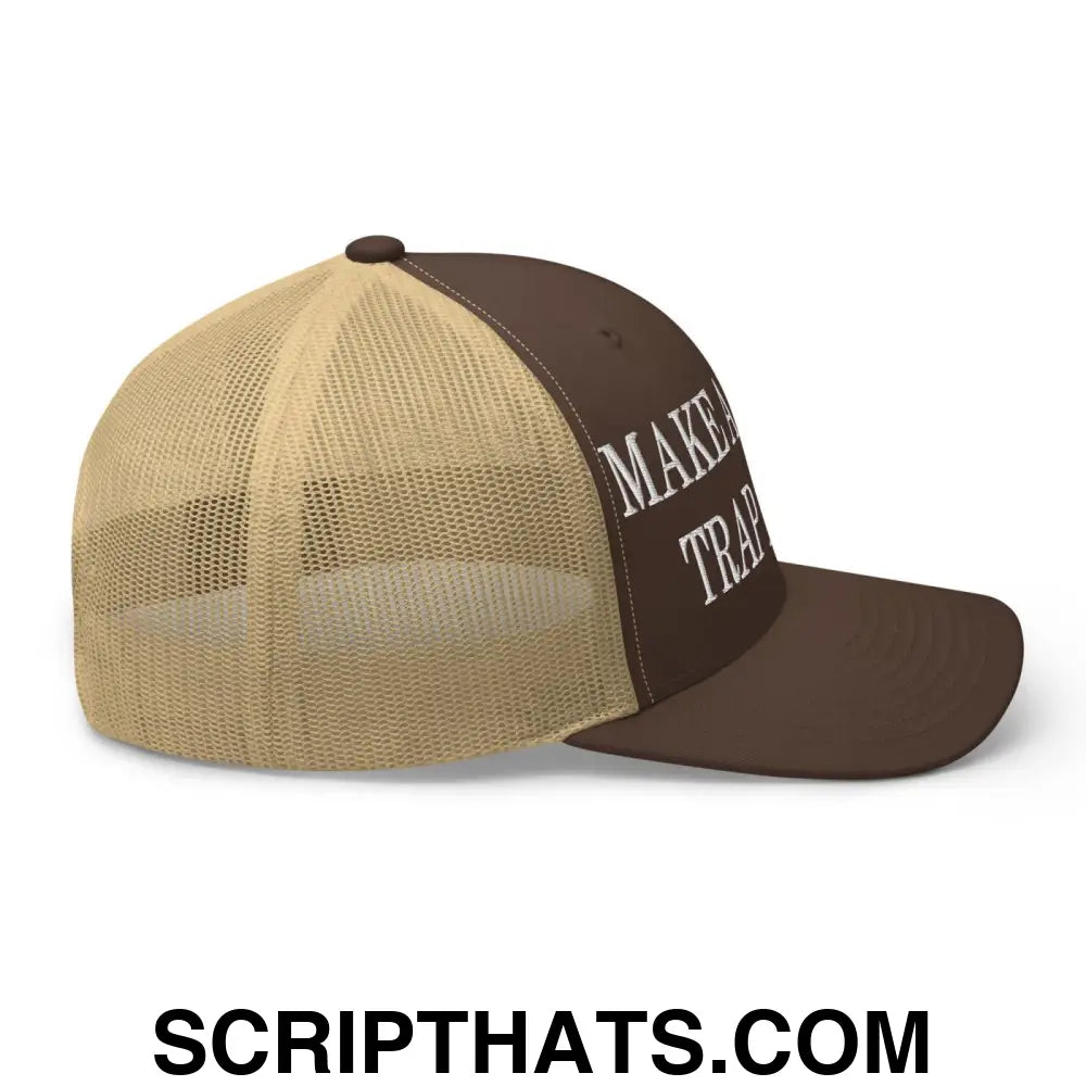 Make America Trap Again Embroidered Mesh Trucker Hat Brown Khaki