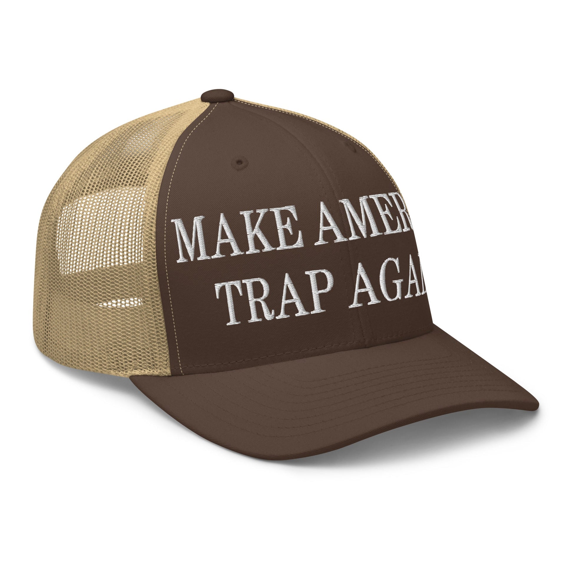 Make America Trap Again Embroidered Mesh Trucker Hat Brown Khaki