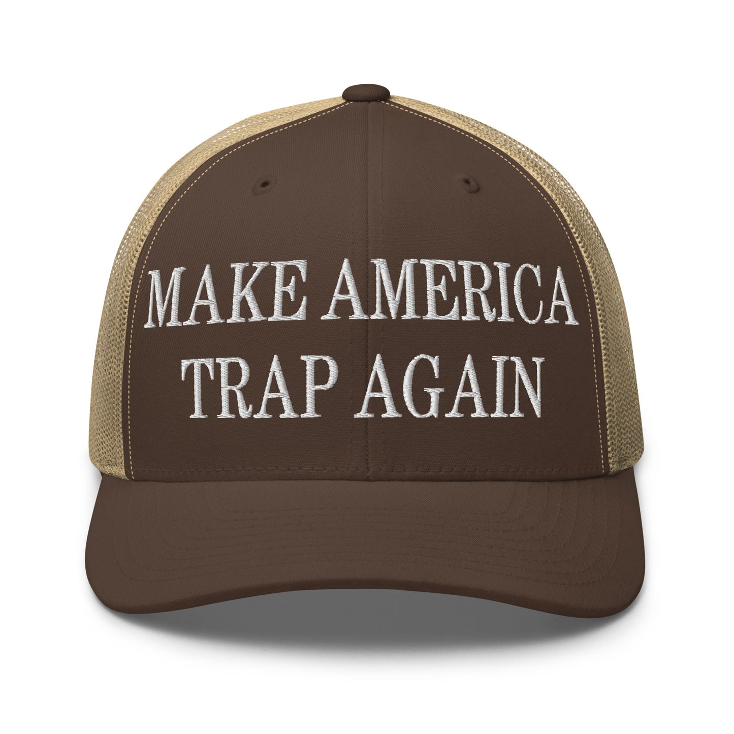 Make America Trap Again Embroidered Mesh Trucker Hat Brown Khaki