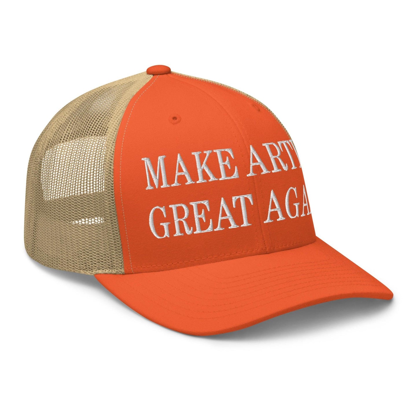 Make Artist Great Again Embroidered Mesh Trucker Hat Rustic Orange Khaki