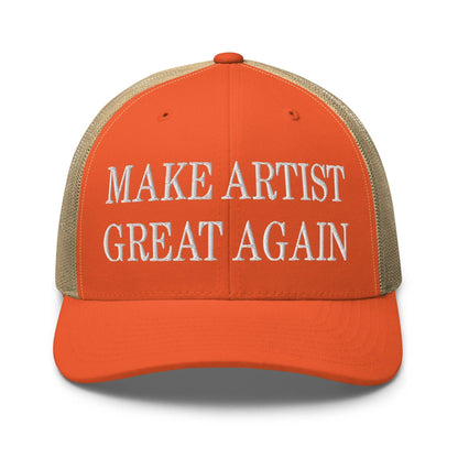 Make Artist Great Again Embroidered Mesh Trucker Hat Rustic Orange Khaki