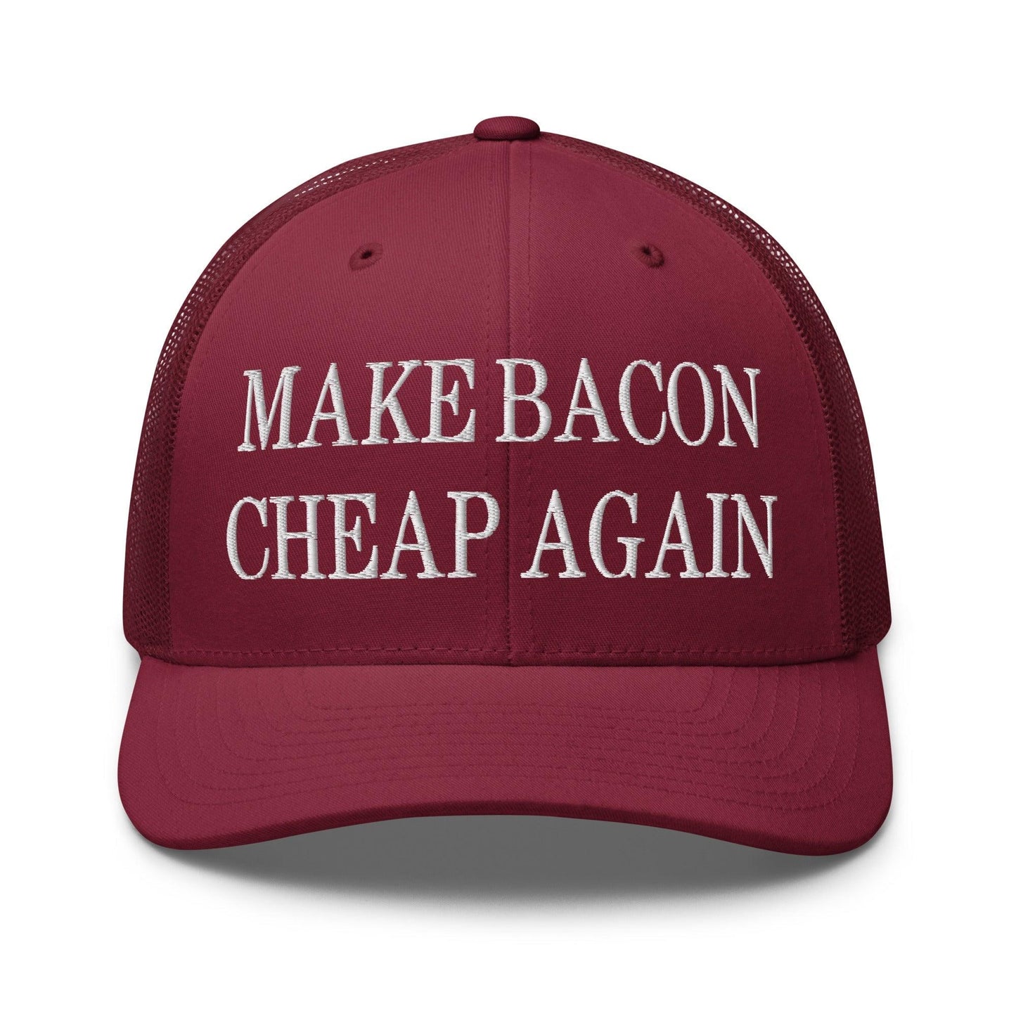 Make Bacon Cheap Again Embroidered Mesh Trucker Hat Cranberry