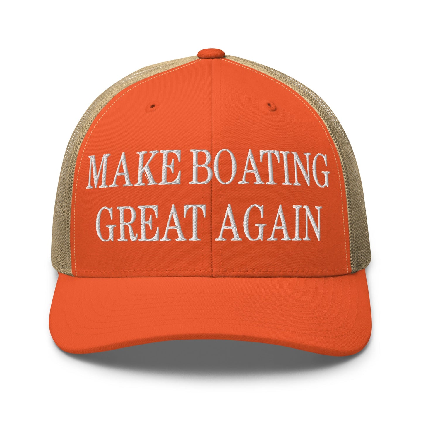 Make Boating Great Again Embroidered Mesh Trucker Hat Rustic Orange Khaki