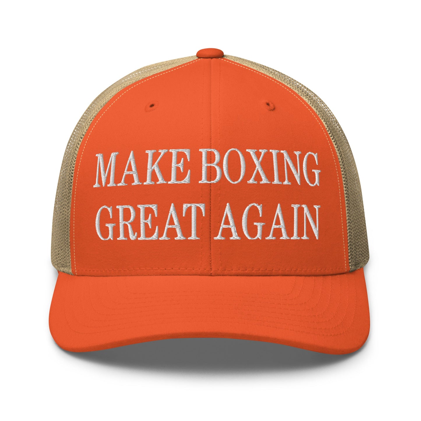 Make Boxing Great Again Embroidered Mesh Trucker Hat Rustic Orange Khaki