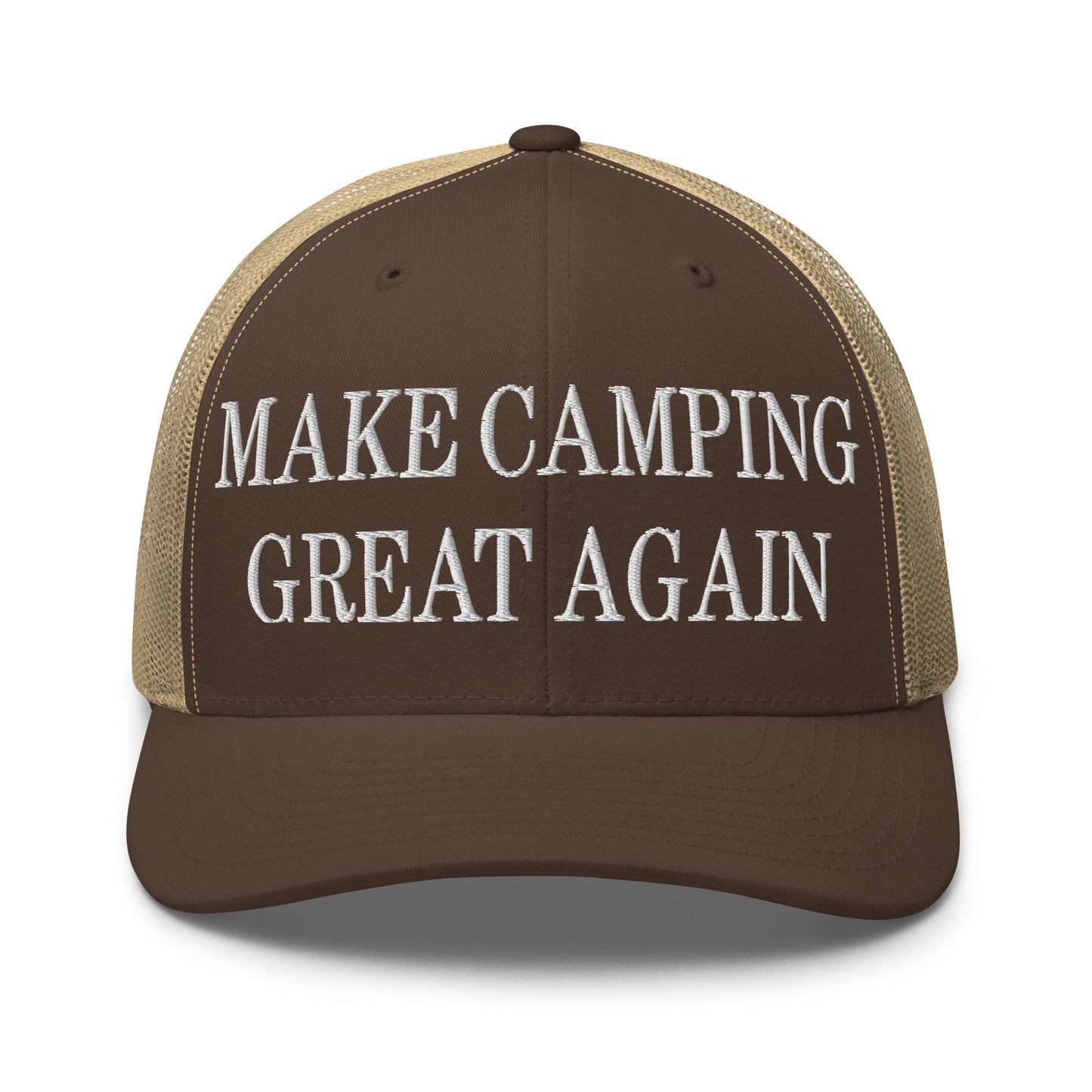 Make Camping Great Again Embroidered Mesh Trucker Hat Brown Khaki