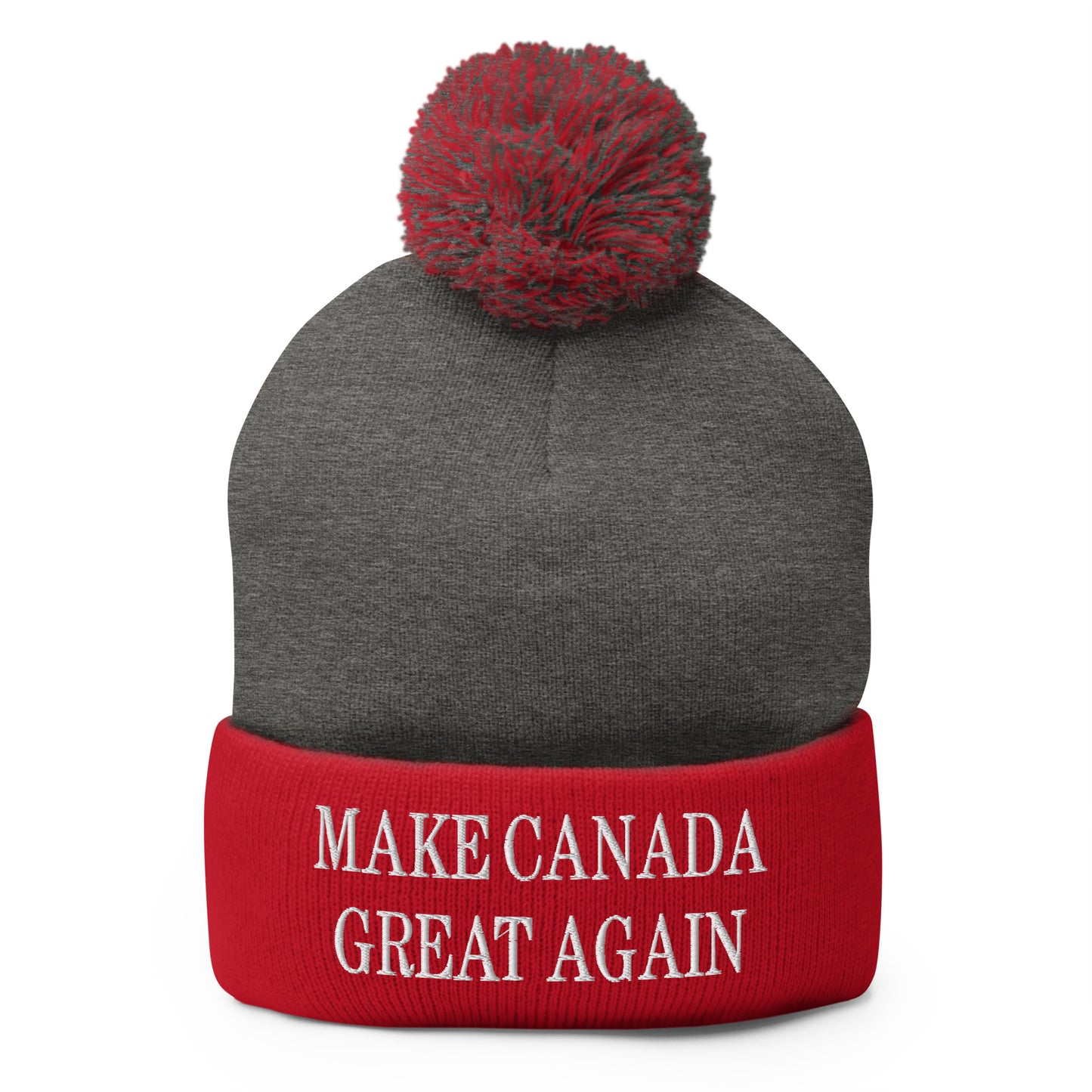 Make Canada Great Again Embroidered Pom Pom Knit Beanie Dark Heather Grey Red