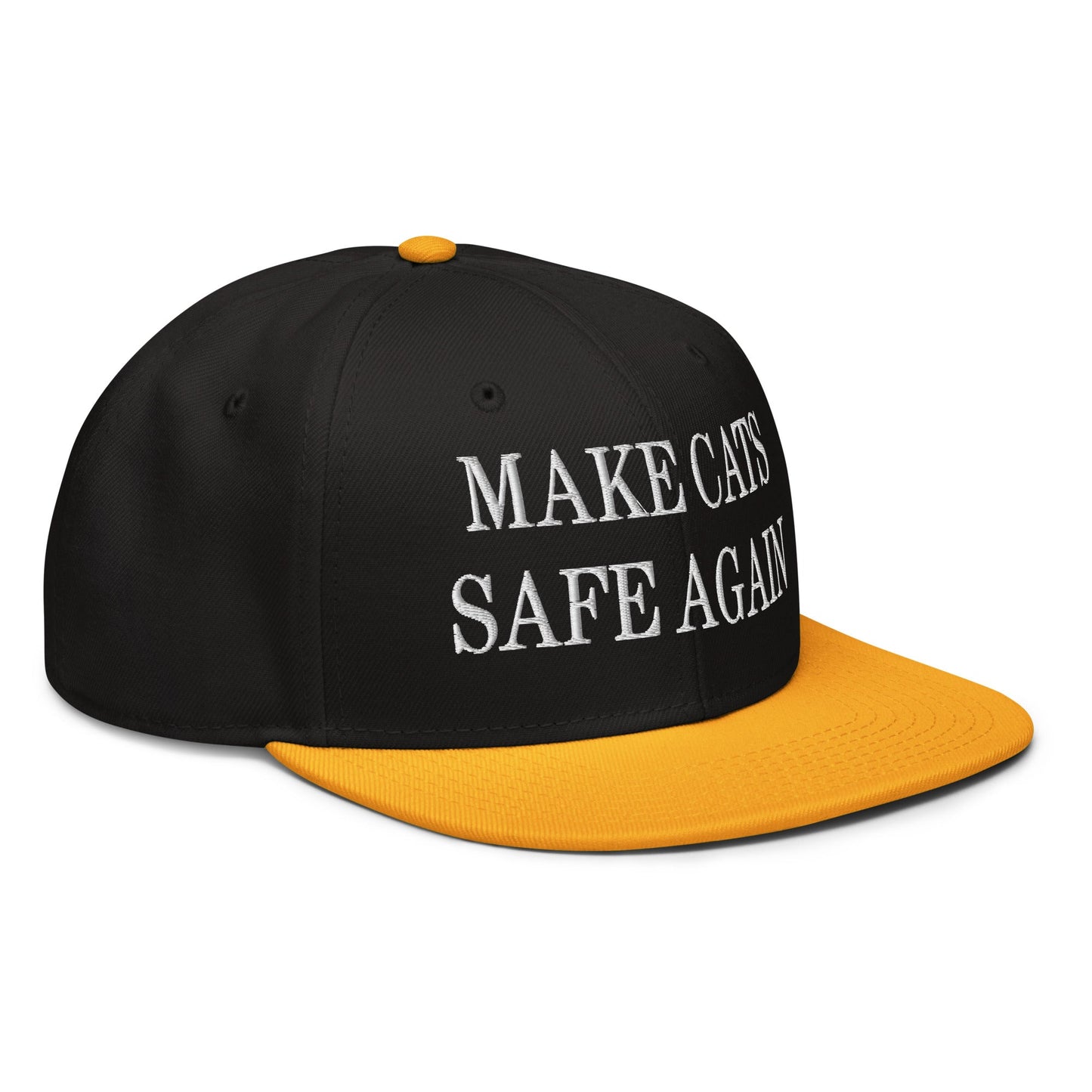 Make Cats Safe Again Embroidered Flat Brim Bill Snapback Hat Gold Black Black