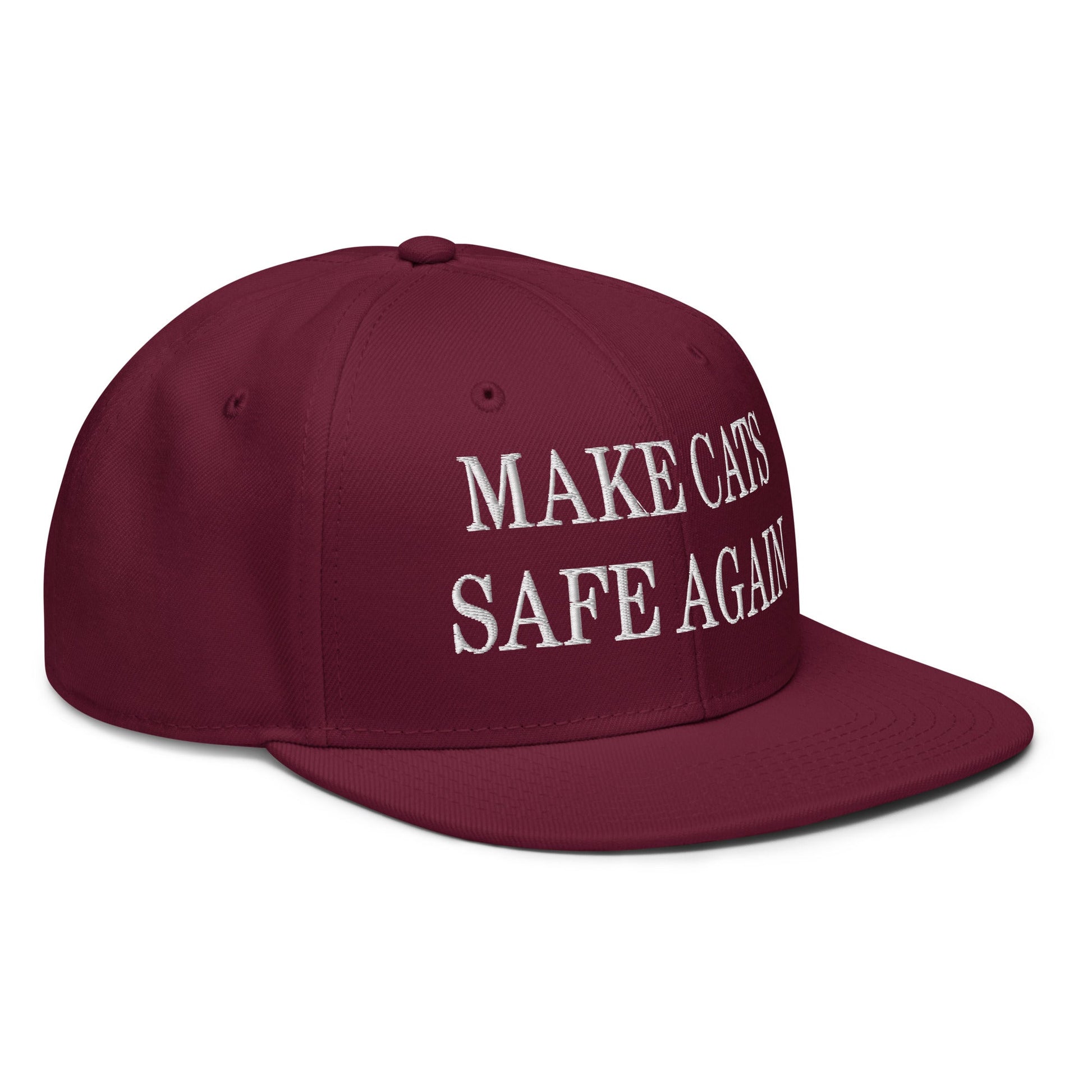 Make Cats Safe Again Embroidered Flat Brim Bill Snapback Hat Burgundy maroon