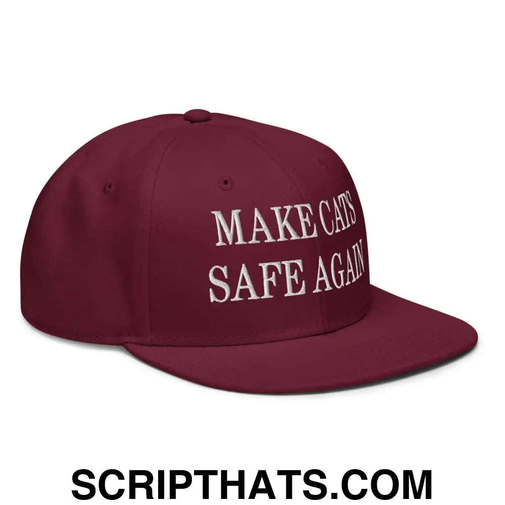 Make Cats Safe Again Embroidered Flat Brim Bill Snapback Hat Burgundy maroon