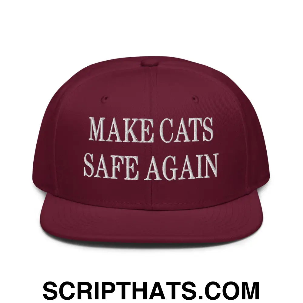 Make Cats Safe Again Embroidered Flat Brim Bill Snapback Hat Burgundy maroon