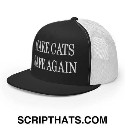 Make Cats Safe Again Embroidered Mesh Flat Bill Brim Trucker Hat Black White