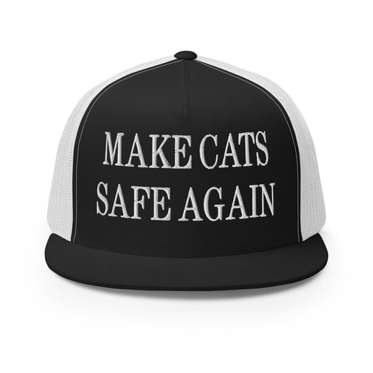 Make Cats Safe Again Embroidered Mesh Flat Bill Brim Trucker Hat Black White