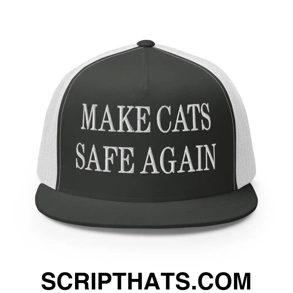 Make Cats Safe Again Embroidered Mesh Flat Bill Brim Trucker Hat Charcoal White