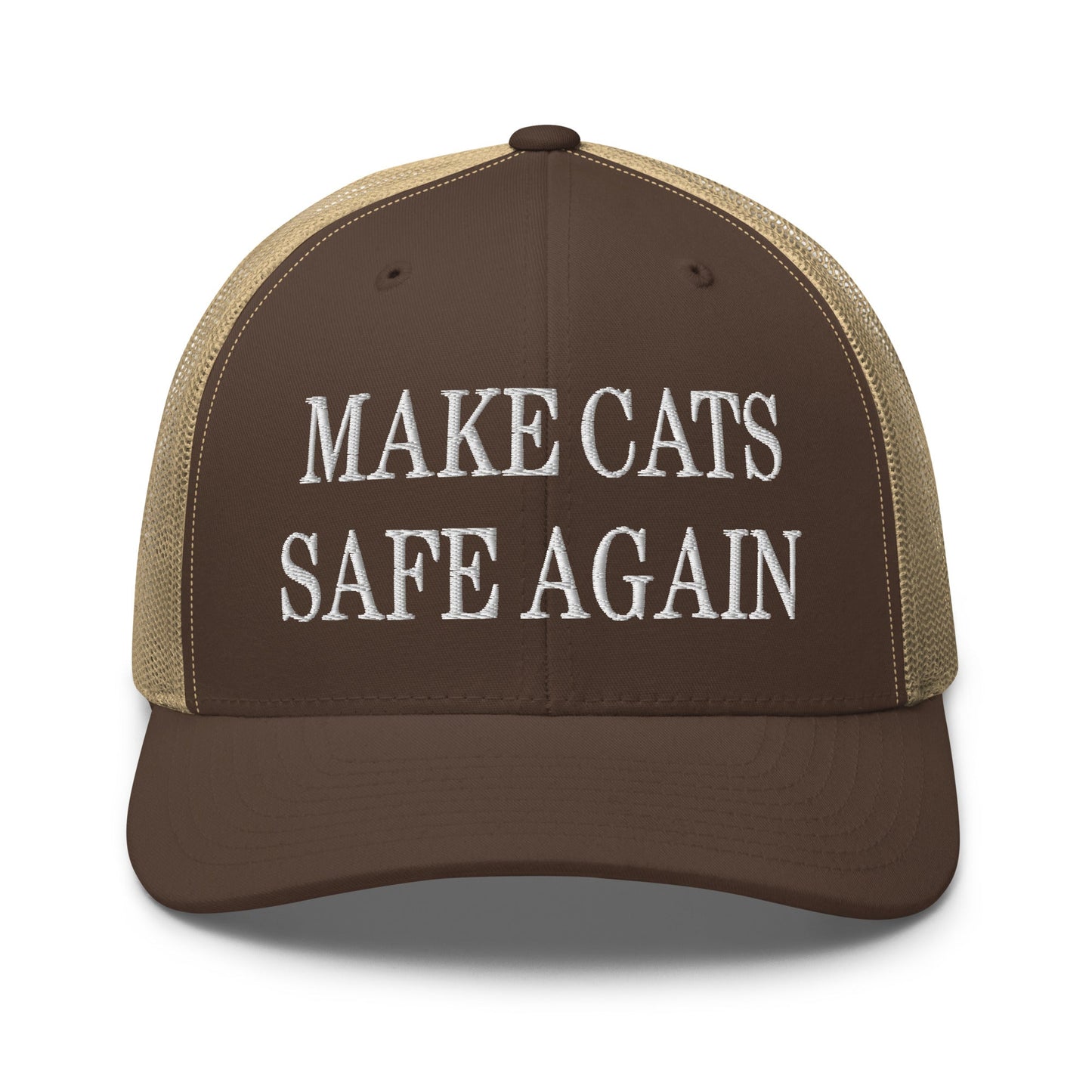 Make Cats Safe Again Embroidered Mesh Trucker Hat Brown Khaki