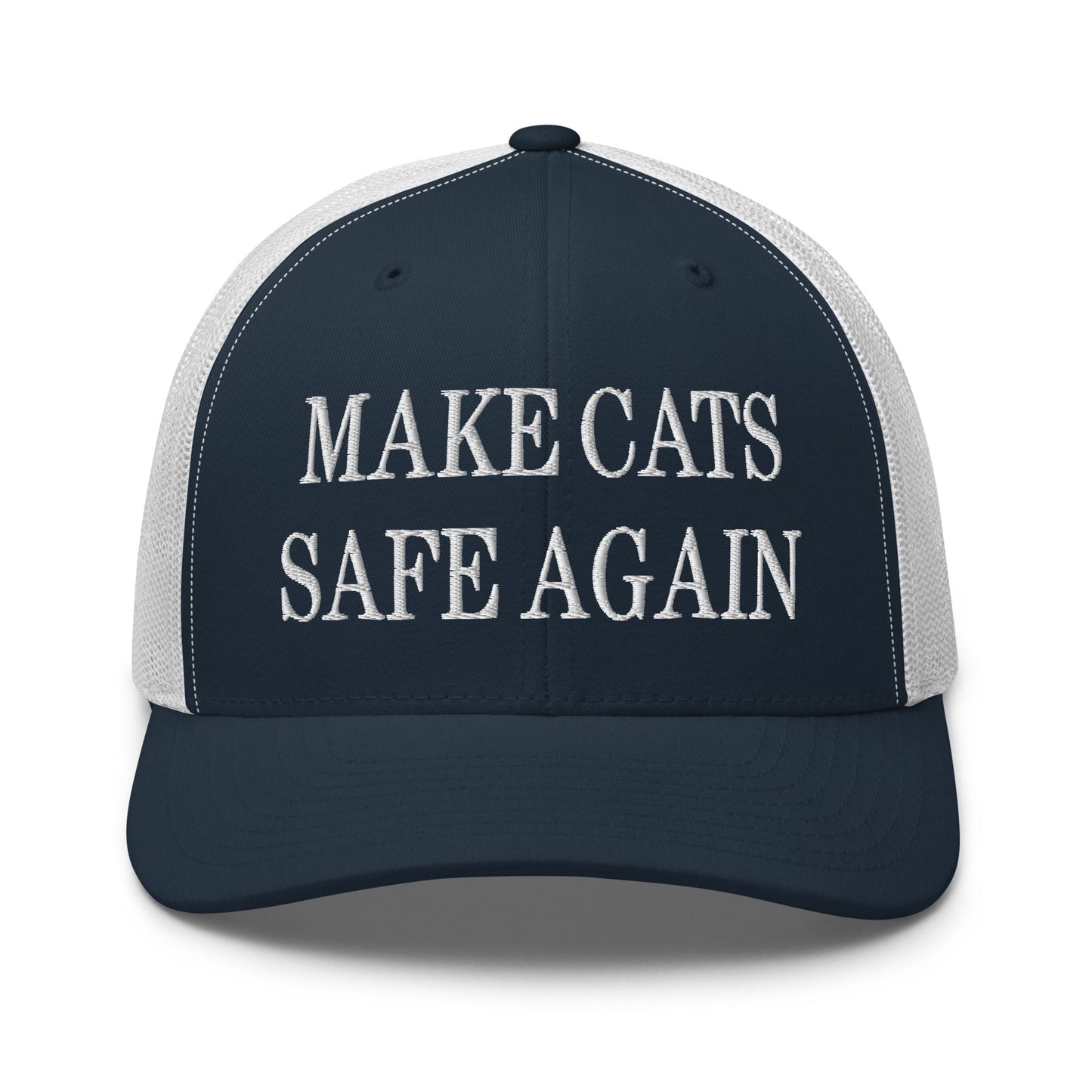 Make Cats Safe Again Embroidered Mesh Trucker Hat Navy White