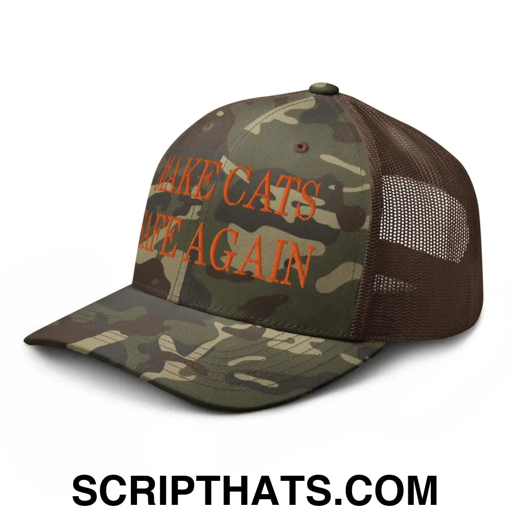 Make Cats Safe Again Embroidered Orange Camo Trucker Hat Camo Brown