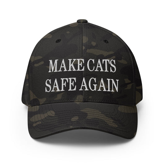 Make Cats Safe Again Embroidered Stretch Fit Baseball Hat Multicam Black