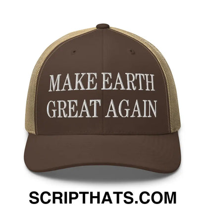 Make Earth Great Again Embroidered Mesh Trucker Hat Brown Khaki