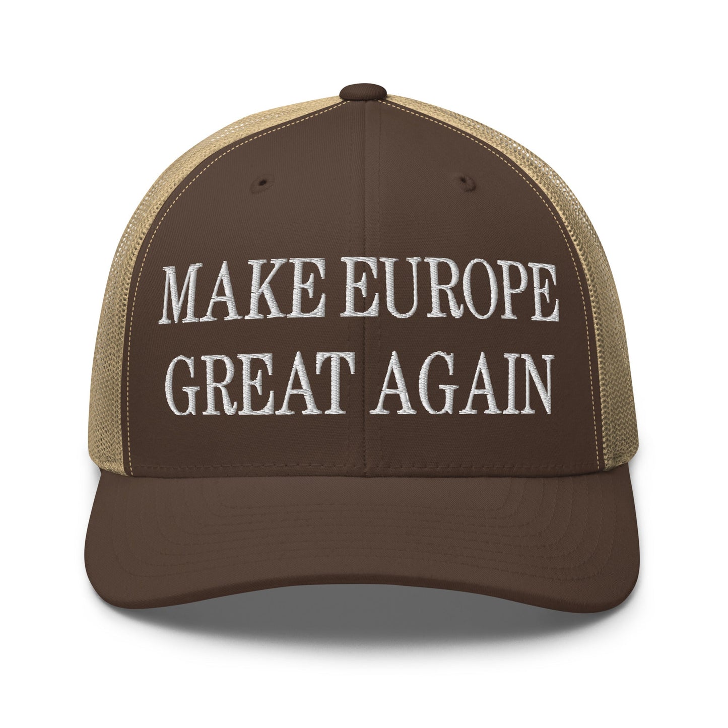 Make Europe Great Again Embroidered Mesh Trucker Hat Brown Khaki