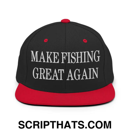 Make Fishing Great Again Embroidered Flat Bill Brim Snapback Hat Black Red