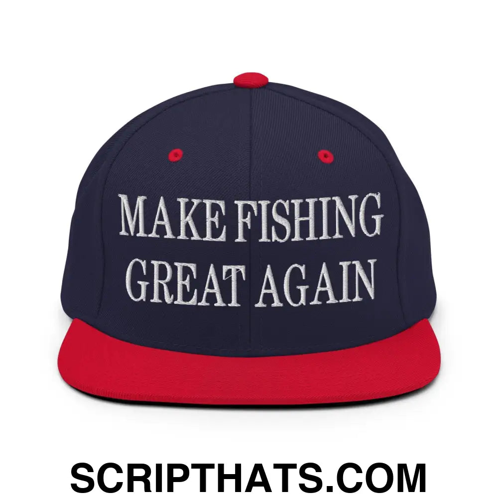 Make Fishing Great Again Embroidered Flat Bill Brim Snapback Hat Navy Red