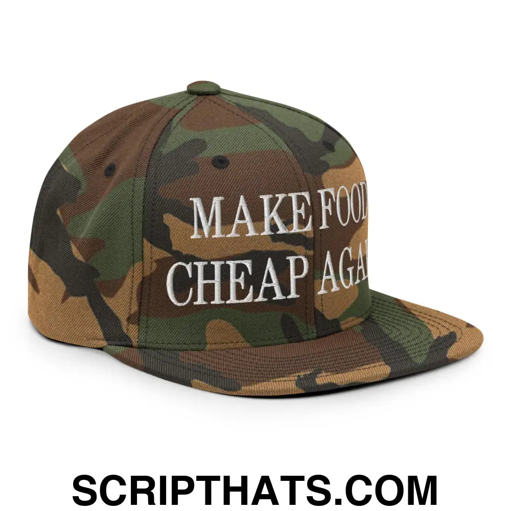 Make Food Cheap Again Embroidered Flat Bill Brim Snapback Hat Green Camo