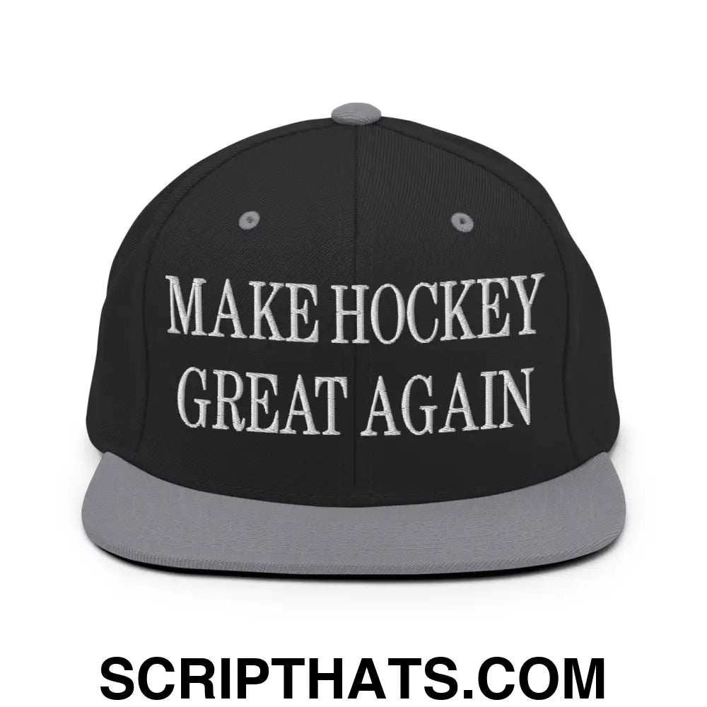 Make Hockey Great Again Embroidered Flat Bill Brim Snapback Hat Black Silver