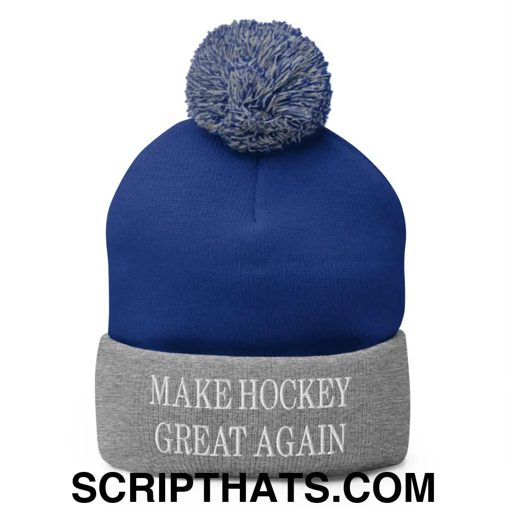 Make Hockey Great Again Embroidered Knit Pom Pom Beanie Royal Heather Grey