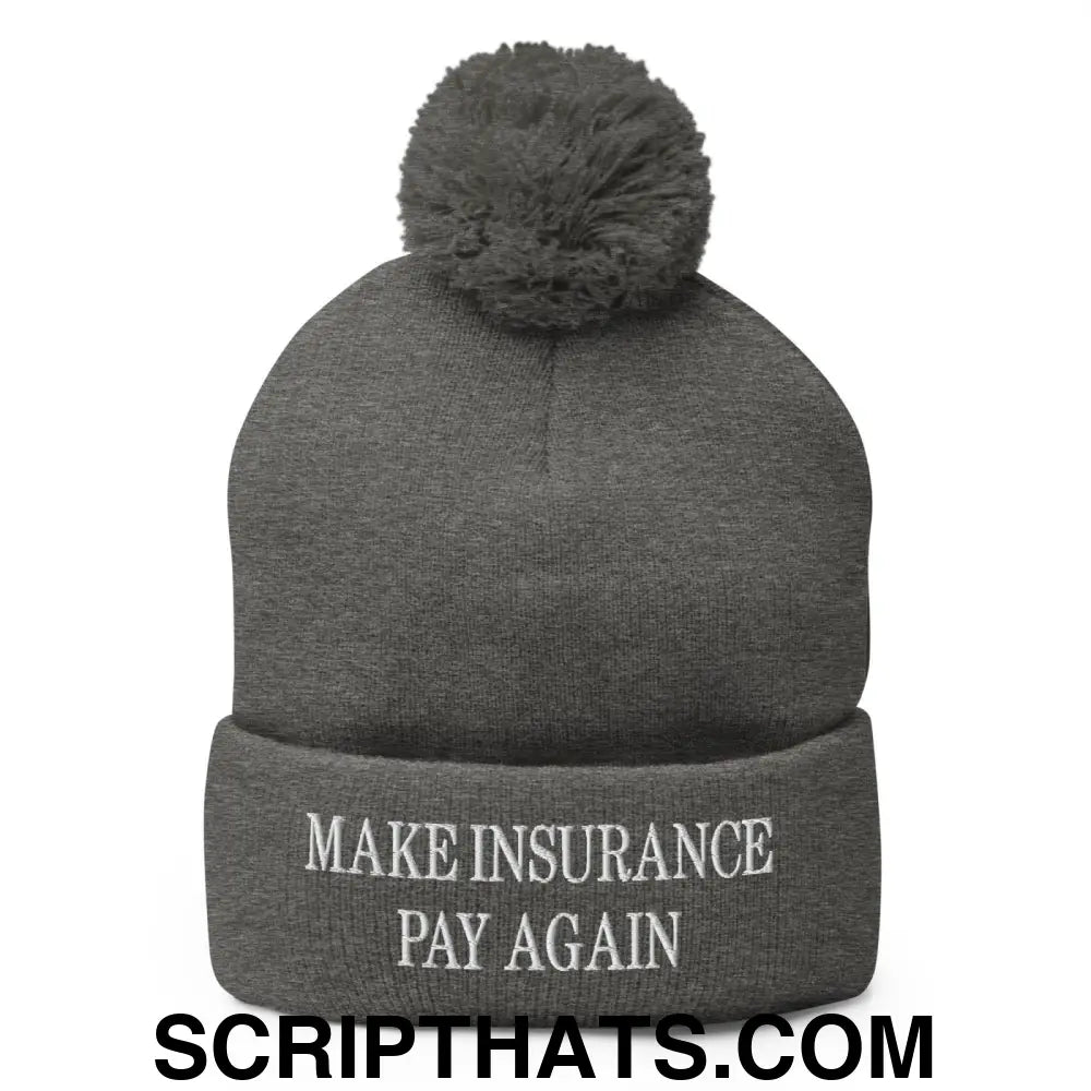 Make Insurance Pay Again Embroidered Knit Pom Pom Beanie Dark Heather Grey