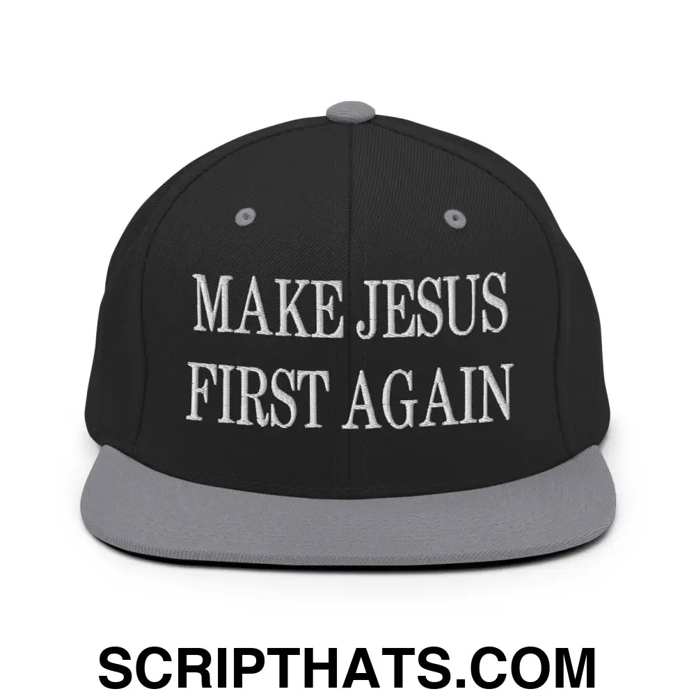 Make Jesus First Again Embroidered Flat Bill Brim Snapback Hat Black Silver