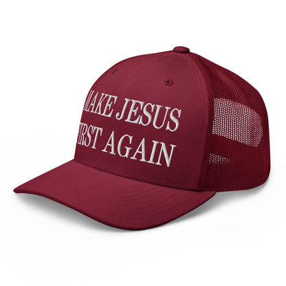 Make Jesus First Again Embroidered Mesh Trucker Hat Cranberry