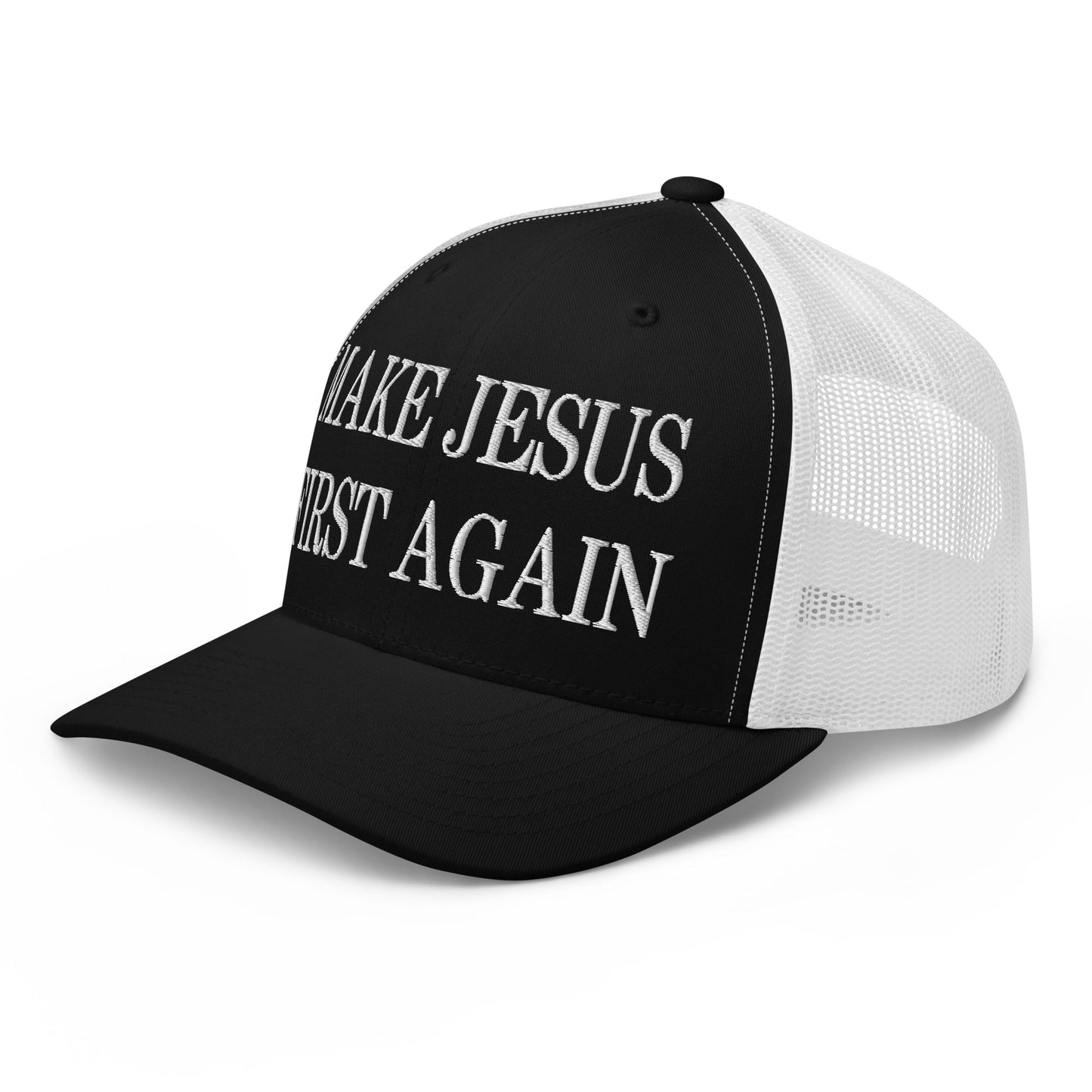 Make Jesus First Again Embroidered Mesh Trucker Hat Black White