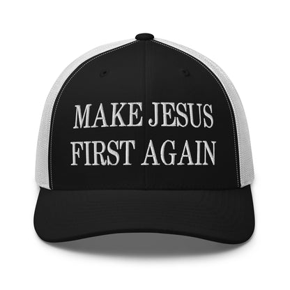 Make Jesus First Again Embroidered Mesh Trucker Hat Black White