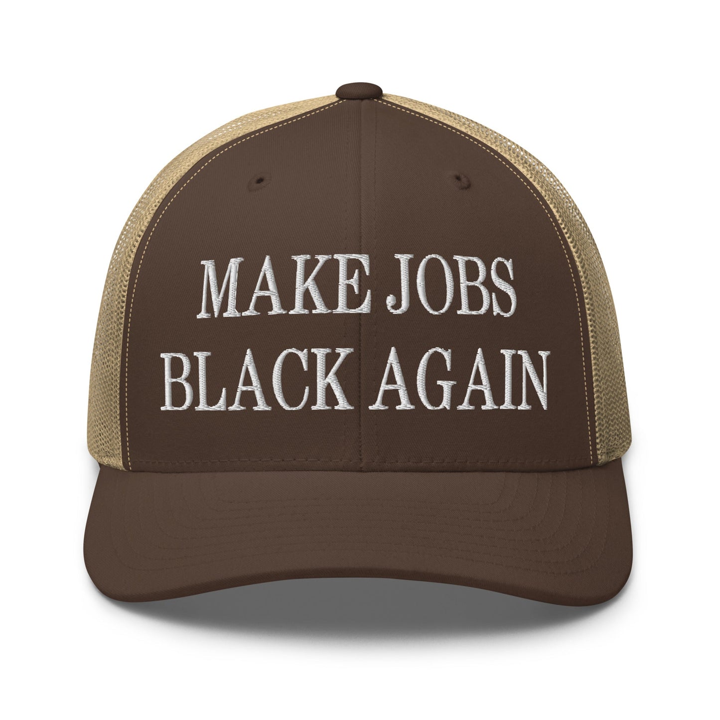 Make Jobs Black Again Embroidered Mesh Trucker Hat Brown Khaki