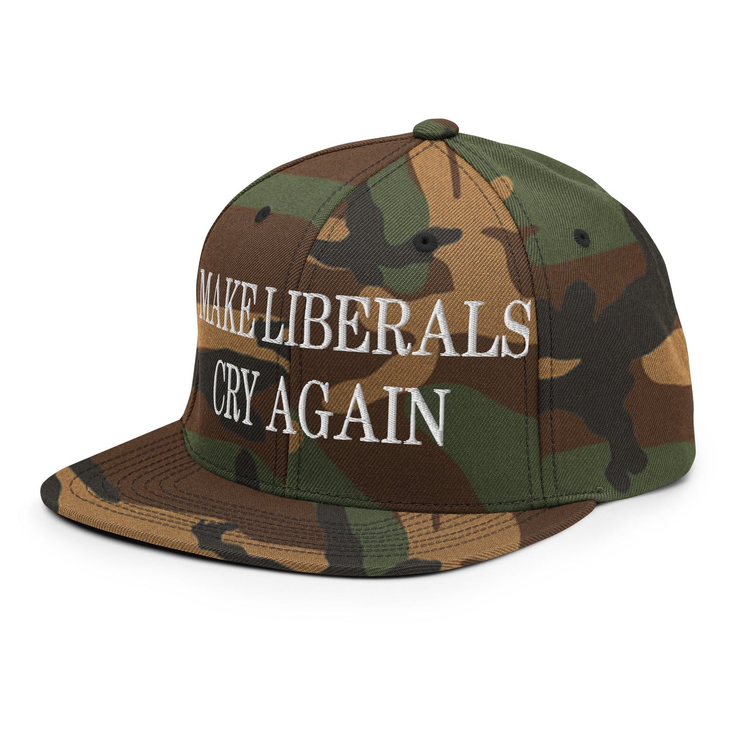 Make Liberals Cry Again Embroidered Flat Bill Brim Snapback Hat Green Camo