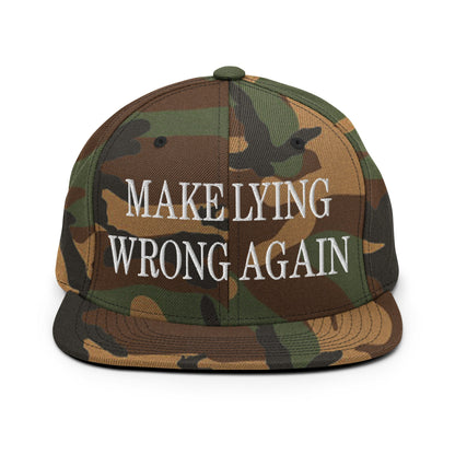 Make Lying Wrong Again Embroidered Flat Bill Brim Snapback Hat Green Camo