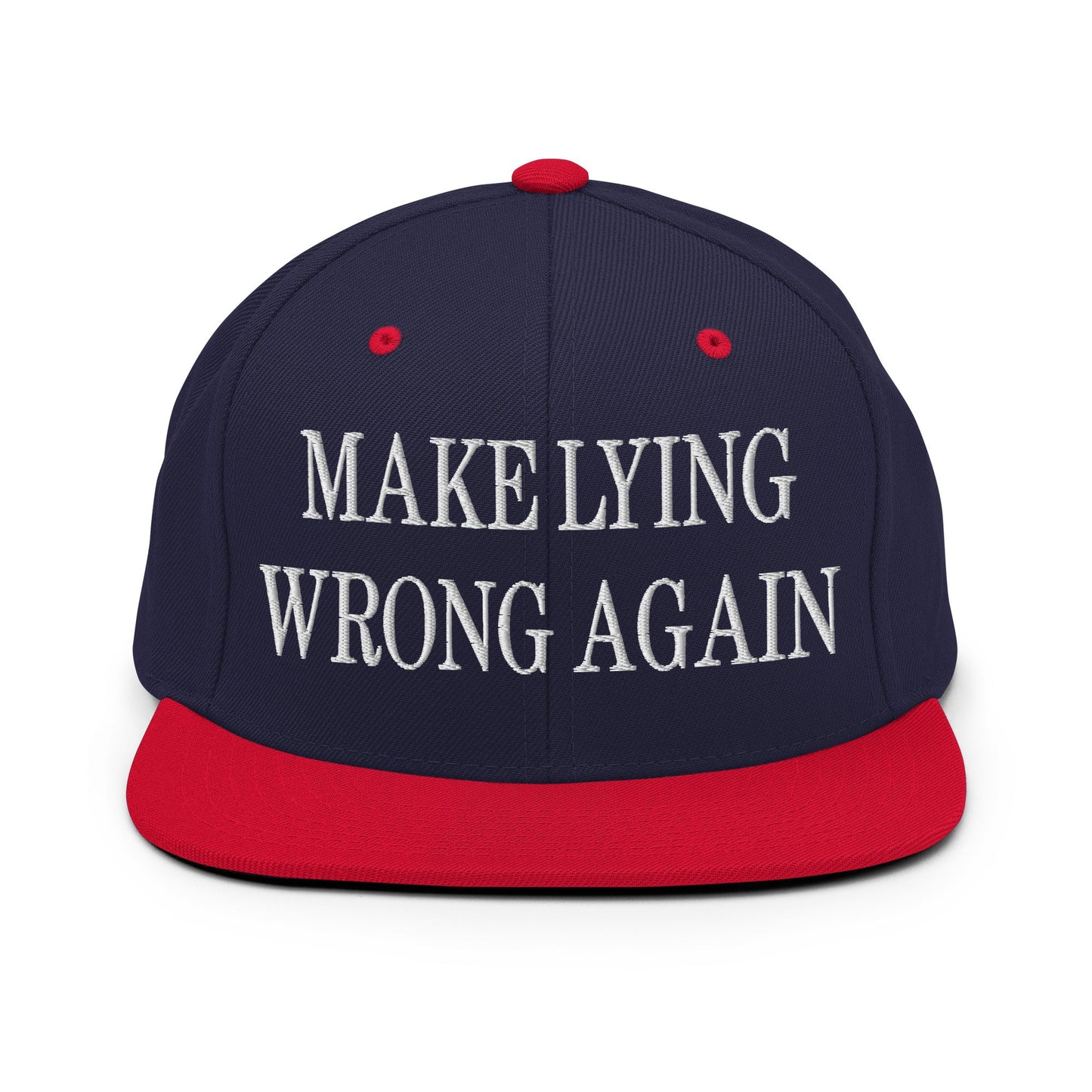 Make Lying Wrong Again Embroidered Flat Bill Brim Snapback Hat Navy Red